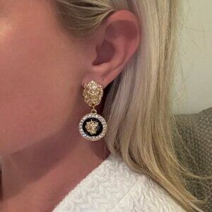 Gold Tone and Black Lion Medallion Drop Earrings - Women's Jewelry New NWT